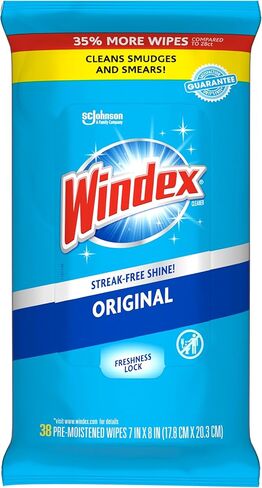 Windex Wipes Glass Cleaning, Pre-Moistened Glass and Surface Wipes to Clean Home Surfaces, Household Essentials, Original Scent, 38 Count (Pack of 6) in Kuwait