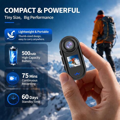 2K Mini Action Camera with Dual Screen, 64GB Portable Sports Camera, 140° Wide Angle, 30FPS HD Recording, Wearable Body Cam for Cycling, Skiing & Travel in Kuwait