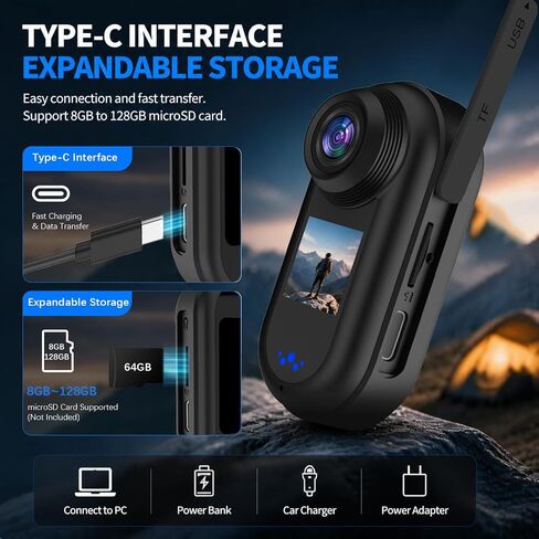 2K Mini Action Camera with Dual Screen, 64GB Portable Sports Camera, 140° Wide Angle, 30FPS HD Recording, Wearable Body Cam for Cycling, Skiing & Travel in Kuwait