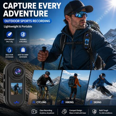 2K Mini Action Camera with Dual Screen, 64GB Portable Sports Camera, 140° Wide Angle, 30FPS HD Recording, Wearable Body Cam for Cycling, Skiing & Travel in Kuwait