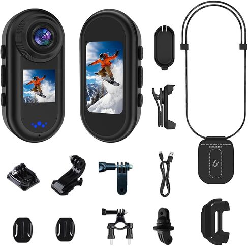 2K Mini Action Camera with Dual Screen, 64GB Portable Sports Camera, 140° Wide Angle, 30FPS HD Recording, Wearable Body Cam for Cycling, Skiing & Travel in Kuwait