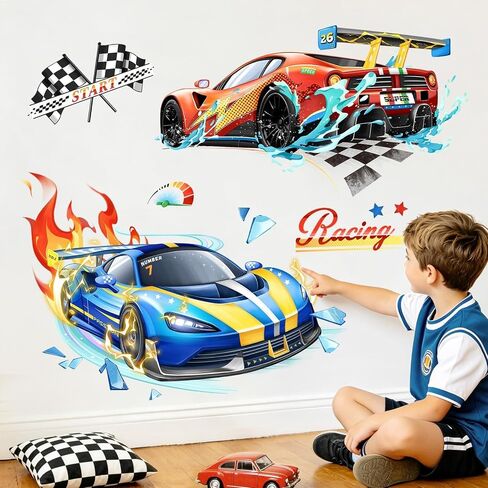 3D Racing Car Wall Decals Red Blue Sports Car Flags Wall Stickers for Boys Room Kids Bedroom Playroom Home Decor in Kuwait