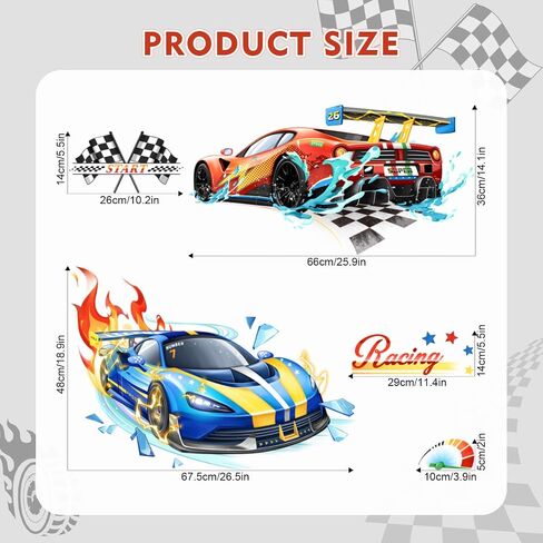 3D Racing Car Wall Decals Red Blue Sports Car Flags Wall Stickers for Boys Room Kids Bedroom Playroom Home Decor in Kuwait