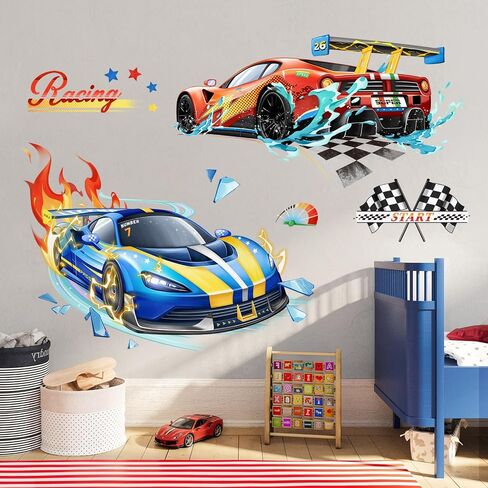 3D Racing Car Wall Decals Red Blue Sports Car Flags Wall Stickers for Boys Room Kids Bedroom Playroom Home Decor in Kuwait