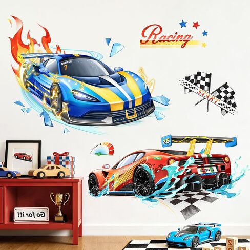 3D Racing Car Wall Decals Red Blue Sports Car Flags Wall Stickers for Boys Room Kids Bedroom Playroom Home Decor in Kuwait