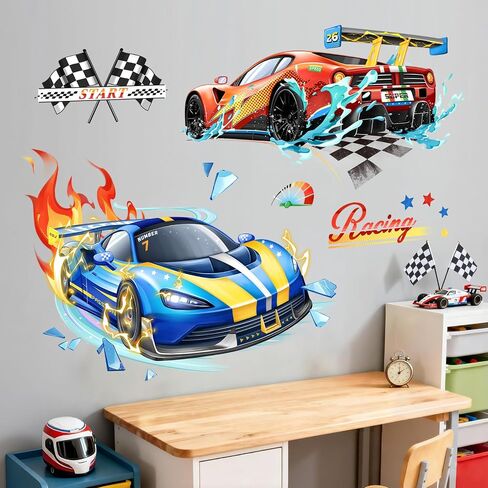 3D Racing Car Wall Decals Red Blue Sports Car Flags Wall Stickers for Boys Room Kids Bedroom Playroom Home Decor in Kuwait