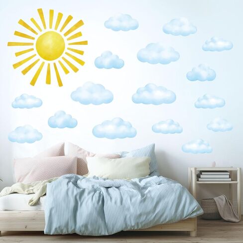 DECOWALL Watercolor Sun & Clouds Wall Decals Stickers Kids Room (DS12-8079) | Peel and stick removable decor with 78 pieces, golden sunshine and soft blue sky accents for bedroom, playroom and classroom. in Kuwait