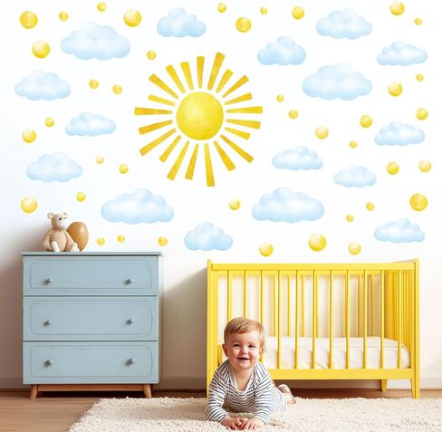 DECOWALL Watercolor Sun & Clouds Wall Decals Stickers Kids Room (DS12-8079) | Peel and stick removable decor with 78 pieces, golden sunshine and soft blue sky accents for bedroom, playroom and classroom. in Kuwait