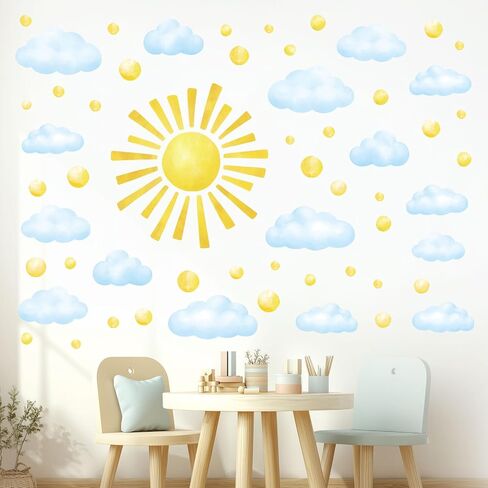 DECOWALL Watercolor Sun & Clouds Wall Decals Stickers Kids Room (DS12-8079) | Peel and stick removable decor with 78 pieces, golden sunshine and soft blue sky accents for bedroom, playroom and classroom. in Kuwait