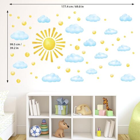 DECOWALL Watercolor Sun & Clouds Wall Decals Stickers Kids Room (DS12-8079) | Peel and stick removable decor with 78 pieces, golden sunshine and soft blue sky accents for bedroom, playroom and classroom. in Kuwait