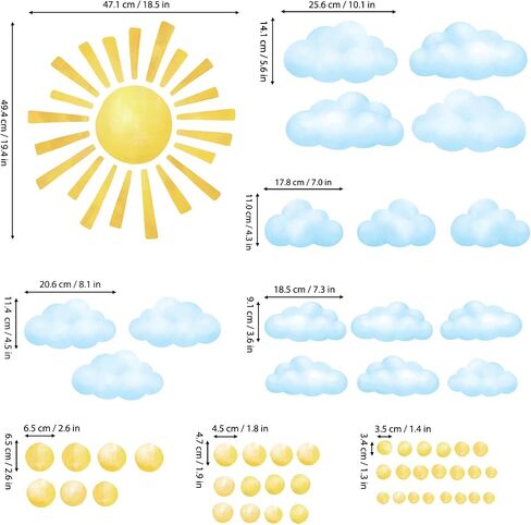 DECOWALL Watercolor Sun & Clouds Wall Decals Stickers Kids Room (DS12-8079) | Peel and stick removable decor with 78 pieces, golden sunshine and soft blue sky accents for bedroom, playroom and classroom. in Kuwait