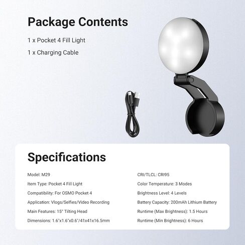 NEEWER Mini LED Auxiliary Fill Light Compatible with DJI OSMO Pocket 4 Gimbal Camera, 1W CRI95 200mAh with 3 CCT Modes & USB C Charging, Lighting for Selfie Vlog Streaming Video Recording, M29 in Kuwait