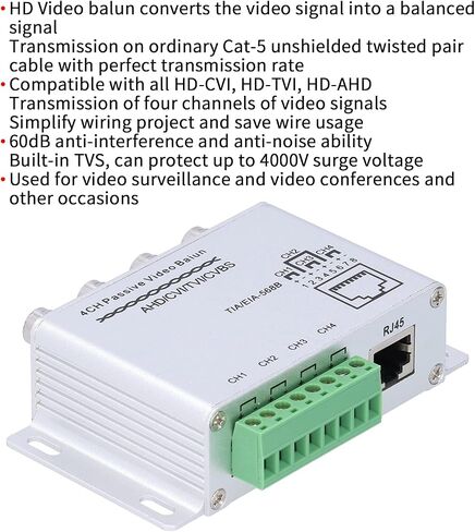 ciciglow Video Balun High Definition 4 Channel Passive Transceiver for 720P 1080P HD CCTV Security Camera Signal Converter for Video Surveillance and Conferences Metal Grey 1 Pack in Kuwait