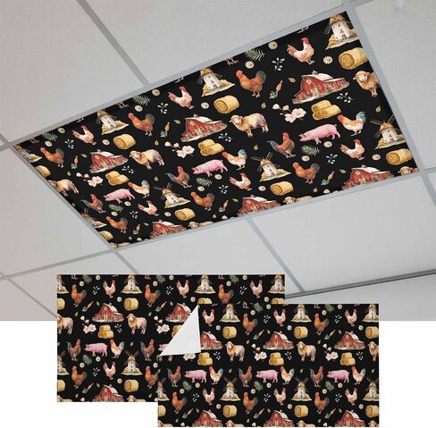 Farm Animals Magnetic Fluorescent Light Covers for Ceiling Lights 2x4 Ft,Country Barn Sheep Rooster Pig Flowers Black Office Kitchen Drop Ceiling Light Covers Lighting Filters Shade Panel 2PCSs in Kuwait
