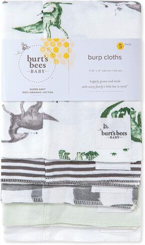 Burt's Bees Baby Organic Cotton Burp Cloths, 5-Pack, 17 x 12 Inches, Soft, Absorbent, Machine Washable, Happy Herbivores Solid Color in Kuwait