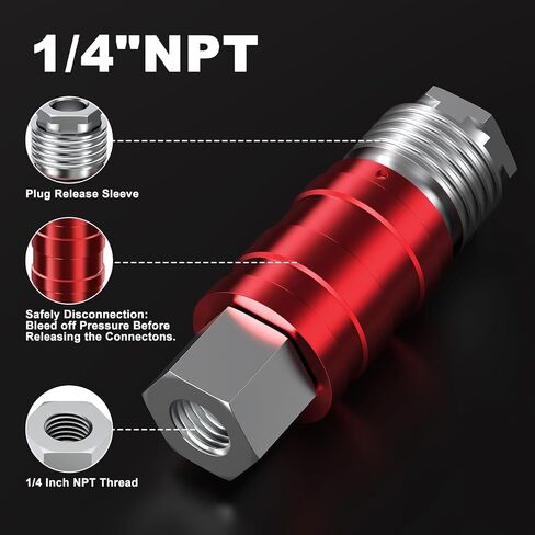 2 Pack 5-in-1 Universal Safety Exhaust Air Couplers - 1/4 Inch NPT Thread Male & Female Quick Connect, Prevent Hose Whip, Safe Disconnect for Air Hose in Kuwait
