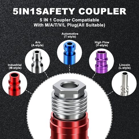 2 Pack 5-in-1 Universal Safety Exhaust Air Couplers - 1/4 Inch NPT Thread Male & Female Quick Connect, Prevent Hose Whip, Safe Disconnect for Air Hose in Kuwait