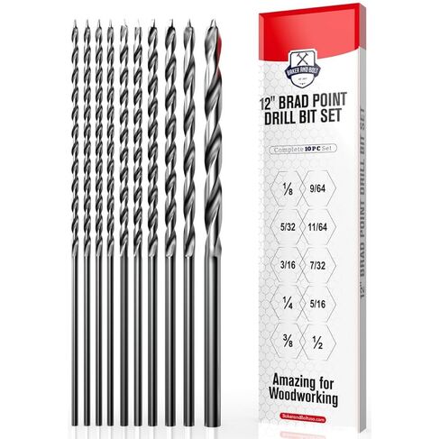 Baker and Brold Extra Long 12 "Brad Point Drill Proom for Wood Highke Steel Drill Bits مجموعة حزمة مغلفة من التيتانيوم من 10 مع غلاف التخزين (10 PCS Brad Point 12" Long 1/8 "-1/2") in Kuwait
