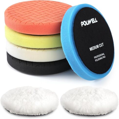 POLIWELL 11 PCS 6 Inch Car Polishing Sponge Pads Kit | 8mm M14 Drill Adapter, Wool Bonnets, Buffing for Household Electric Auto Polisher, Washing Cleaning Waxing Dusting in Kuwait