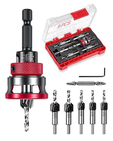 9 PCS Countersink Drill Bits Set, 5PCS Two-Flute TCT Alloy Tapered Drill Bits and Adjustable Depth Stop Collar, Wood Countersink Bit with Wrench for 82 Degree Woodworking, Plywood and MDF DIY in Kuwait