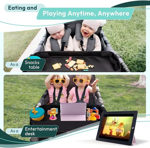 Double Sided Stroller Tray Fits for Wonderfold Wagon- Kids Snacks & Activities - Faux Leather Sides for Eating - 4 Cup Holders-W4 accessories, Easy to Use and Clean, Play On the Go (W4 Series) in Kuwait
