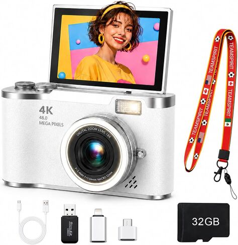 4K Digital Camera with Flip Screen, 4800W Point and Shoot Digital Cameras for Photography, 180° Rotating Selfie Camera with 32GB SD Card,Neck Lanyard,Fill Light for Teens Kids Travel(White) in Kuwait