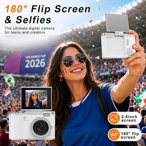 4K Digital Camera with Flip Screen, 4800W Point and Shoot Digital Cameras for Photography, 180° Rotating Selfie Camera with 32GB SD Card,Neck Lanyard,Fill Light for Teens Kids Travel(White) in Kuwait