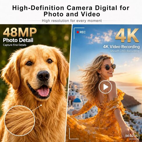 4K Digital Camera with Flip Screen, 4800W Point and Shoot Digital Cameras for Photography, 180° Rotating Selfie Camera with 32GB SD Card,Neck Lanyard,Fill Light for Teens Kids Travel(White) in Kuwait