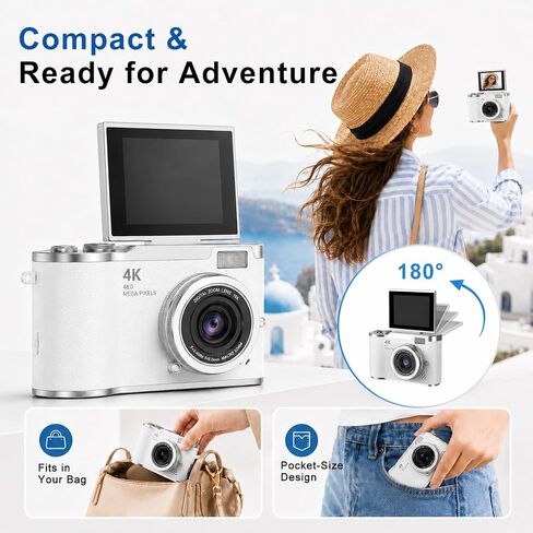 4K Digital Camera with Flip Screen, 4800W Point and Shoot Digital Cameras for Photography, 180° Rotating Selfie Camera with 32GB SD Card,Neck Lanyard,Fill Light for Teens Kids Travel(White) in Kuwait