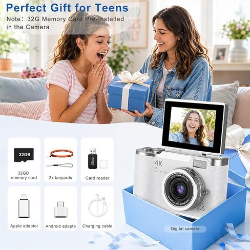 4K Digital Camera with Flip Screen, 4800W Point and Shoot Digital Cameras for Photography, 180° Rotating Selfie Camera with 32GB SD Card,Neck Lanyard,Fill Light for Teens Kids Travel(White) in Kuwait