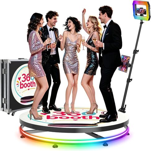 360 Photo Booth for Parties 39.5"/100cm for 4-7 People,Square LED Light Lasts 4–6H, App & Remote 360 Photo Booth Automatic Rotation Photography and Video Recording,360 Booth Free Customizable Logo in Kuwait