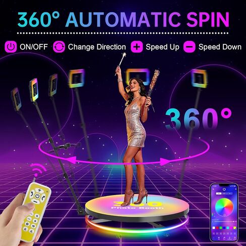 360 Photo Booth for Parties 39.5"/100cm for 4-7 People,Square LED Light Lasts 4–6H, App & Remote 360 Photo Booth Automatic Rotation Photography and Video Recording,360 Booth Free Customizable Logo in Kuwait
