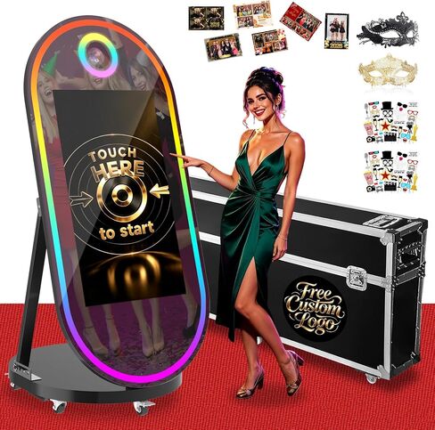 Magic Mirror Photo Booth, 60'' Oval Mirror Photo Booth with 32'' Interactive Touch Screen, Instant Print, Suitable for All Types of Photography Needs(Black) in Kuwait
