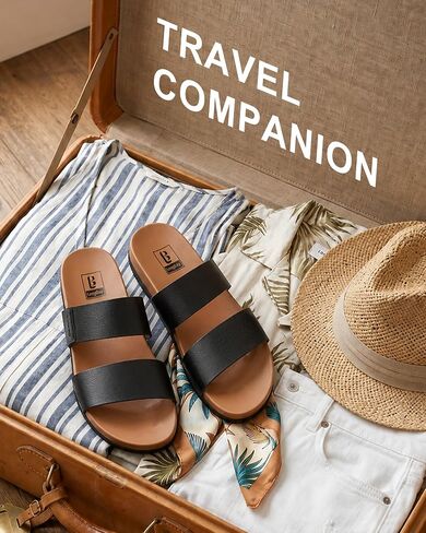 LongBay Women’s Slide Sandals Comfortable Arch Support Non Slip Summer Flat Sandals for Beach Vacation Daily Walking Black, US10 in Kuwait