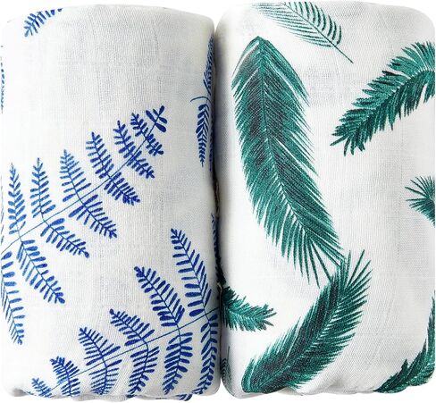 Margaux & May Organic Muslin Swaddle Blanket 2-Pack, Blue & Green | 100% Organic Cotton Muslin, Ultra-Soft, Breathable, Large 47" x 47", Newborn Swaddle, Blue Fern & Green Feather in Kuwait