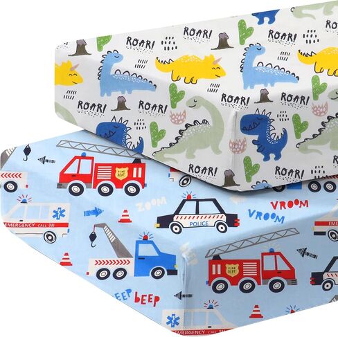 Crib Sheets for Boys and Girl, Fitted Crib Sheet 52'' X 28'' for Standard Crib - 100% Natural Cotton Fitted Portable Neutral Toddler Sheets, Car and Dinosaur in Saudi Arabia