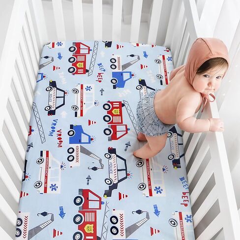 Crib Sheets for Boys and Girl, Fitted Crib Sheet 52'' X 28'' for Standard Crib - 100% Natural Cotton Fitted Portable Neutral Toddler Sheets, Car and Dinosaur in Saudi Arabia