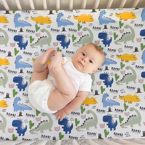 Crib Sheets for Boys and Girl, Fitted Crib Sheet 52'' X 28'' for Standard Crib - 100% Natural Cotton Fitted Portable Neutral Toddler Sheets, Car and Dinosaur in Saudi Arabia