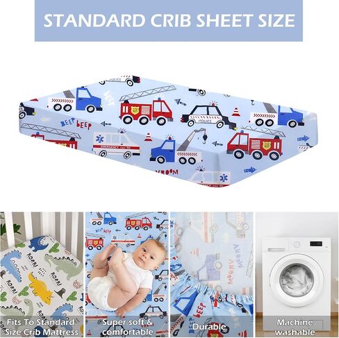 Crib Sheets for Boys and Girl, Fitted Crib Sheet 52'' X 28'' for Standard Crib - 100% Natural Cotton Fitted Portable Neutral Toddler Sheets, Car and Dinosaur in Saudi Arabia