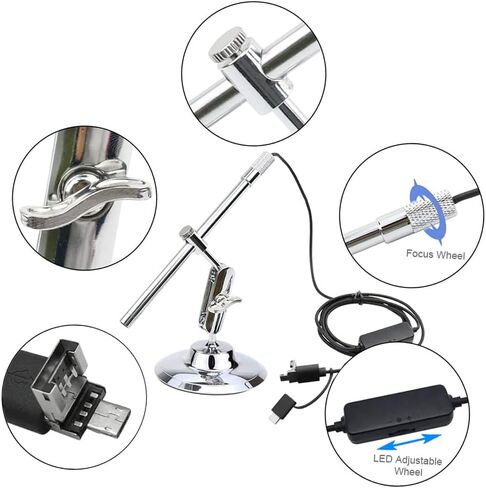 USB Digital Microscope, Portable 10X to 200X HD Inspection Camera with 2MP Sensor 8 Adjustable LEDs 2 in 1 USB Micro USB Type C Connector Stand Base for Students Collectors in Kuwait