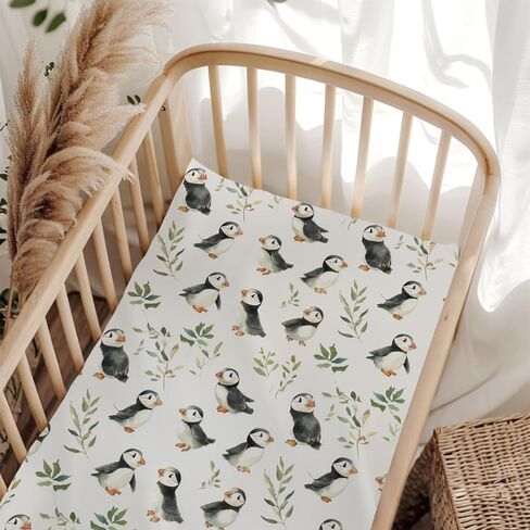 Watercolor Puffins Boho Leaves Fitted Crib Sheet for Baby Girls Boys 28"x52" Cute Bird Baby Sheet for Standard Crib and Toddler Mattress Nursery Flying Birds Animals Bed Mattress Bird One Size in Kuwait