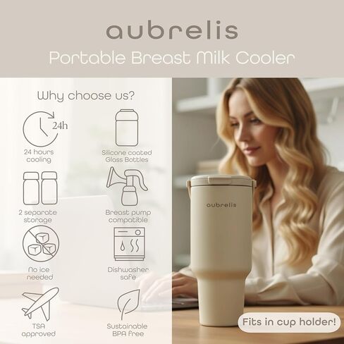 Portable Breast Milk Cooler 17oz with 2 Glass Baby Bottles, 24H Cooling No Ice Needed, Travel Essentials for Pumping Moms, Newborn Essentials Must Have, Coconut Milk Color in Kuwait