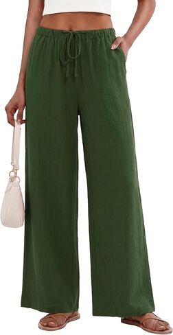 HONGTEYA Cotton Women Linen Pants Wide Leg Palazzo Trousers Summer Beach in Kuwait