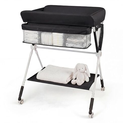 BABY JOY Portable Baby Changing Table, Foldable Diaper Changing Station with Wheels, Adjustable Height, Large Storage Rack, Mobile Nursery Organizer for Newborn Infant (Black) in Kuwait