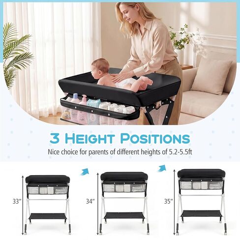 BABY JOY Portable Baby Changing Table, Foldable Diaper Changing Station with Wheels, Adjustable Height, Large Storage Rack, Mobile Nursery Organizer for Newborn Infant (Black) in Kuwait