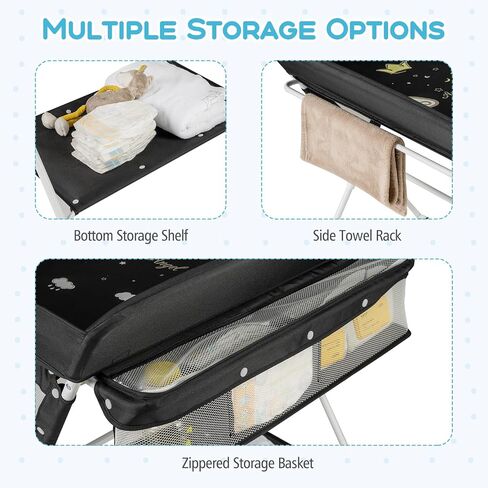 BABY JOY Portable Baby Changing Table, Foldable Diaper Changing Station with Wheels, Adjustable Height, Large Storage Rack, Mobile Nursery Organizer for Newborn Infant (Black) in Kuwait