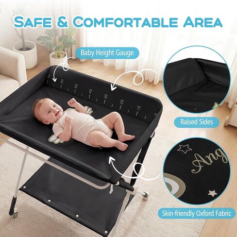 BABY JOY Portable Baby Changing Table, Foldable Diaper Changing Station with Wheels, Adjustable Height, Large Storage Rack, Mobile Nursery Organizer for Newborn Infant (Black) in Kuwait