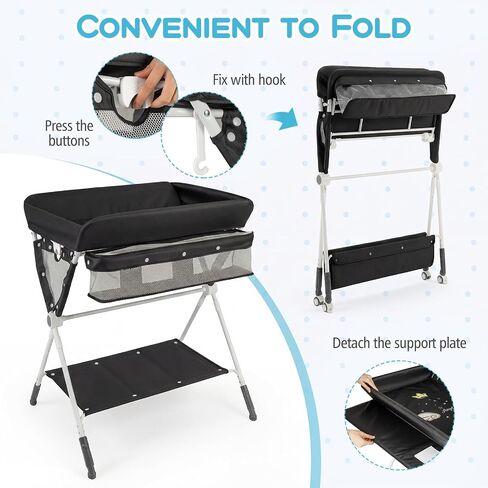 BABY JOY Portable Baby Changing Table, Foldable Diaper Changing Station with Wheels, Adjustable Height, Large Storage Rack, Mobile Nursery Organizer for Newborn Infant (Black) in Kuwait