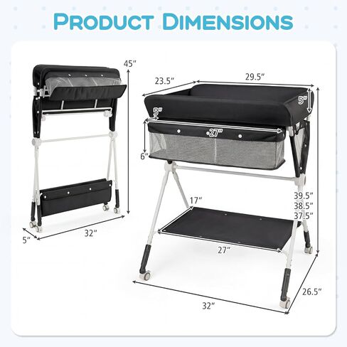 BABY JOY Portable Baby Changing Table, Foldable Diaper Changing Station with Wheels, Adjustable Height, Large Storage Rack, Mobile Nursery Organizer for Newborn Infant (Black) in Kuwait