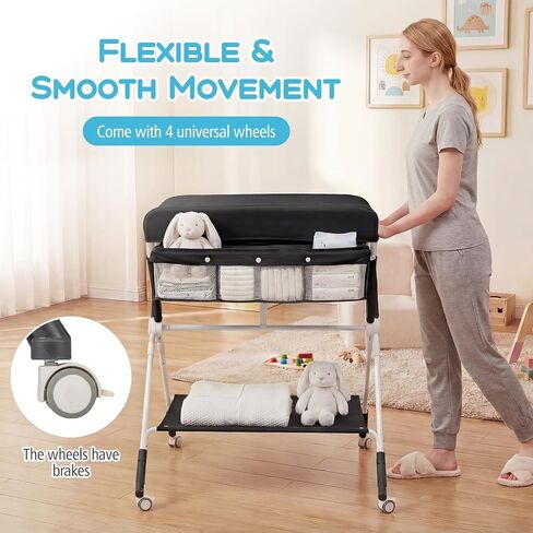 BABY JOY Portable Baby Changing Table, Foldable Diaper Changing Station with Wheels, Adjustable Height, Large Storage Rack, Mobile Nursery Organizer for Newborn Infant (Black) in Kuwait